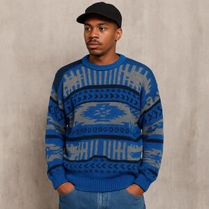Vintage 80s 90s SATURDAYS‎ Sweater Blue Gray Geometric Aztec Knit Retro Cosby M